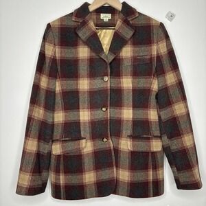 L.L.Bean‎ Womens Cashmere Wool Blend Blazer Plaid Camel 8R Academia Twee Preppy